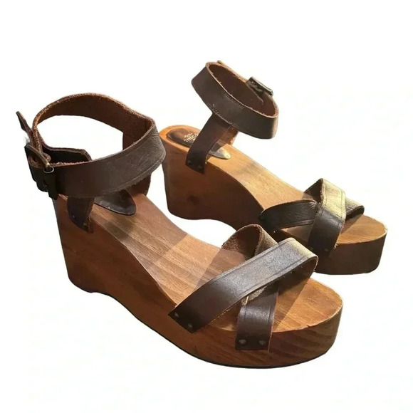 Zara Wooden Leather Strap Sandals Size 40 or 9 - Picture 1 of 6
